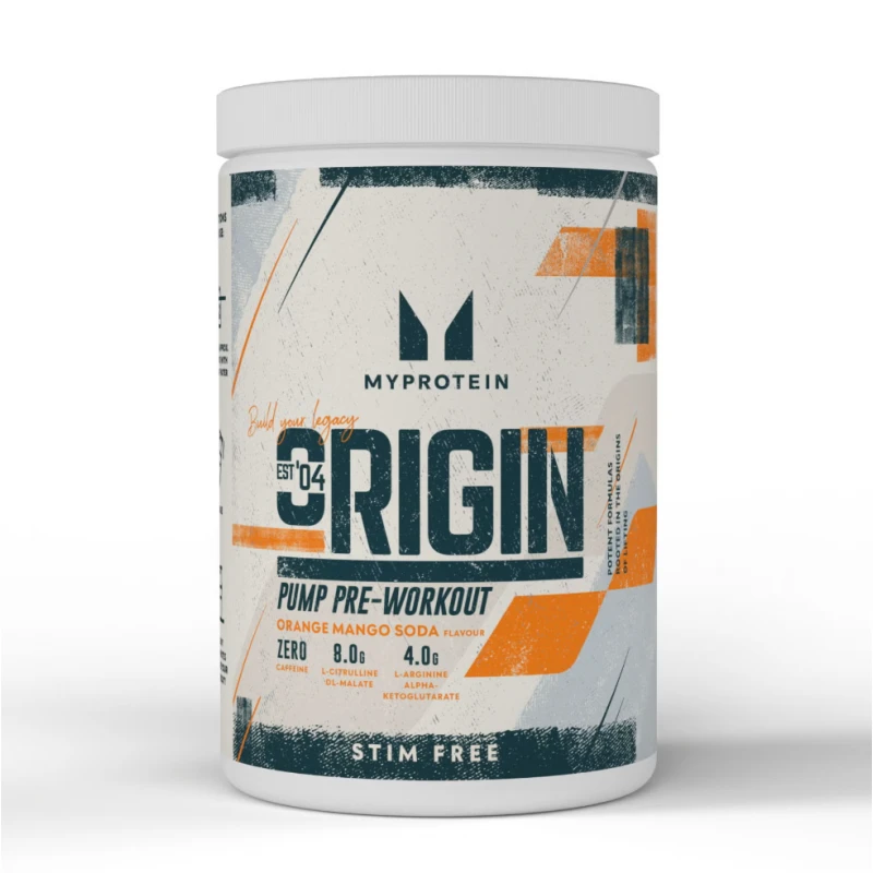Myprotein Origin Pre-Workout Stim-Free - Азотен Бустер без Стимуланти, Вкус Портокал и манго, Разфасовка 600g