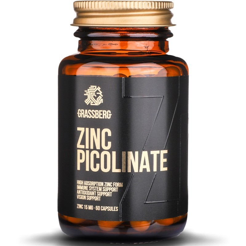 Grassberg Zinc Picolinate 15mg - High Absorption - Цинк, Разфасовка 60 caps