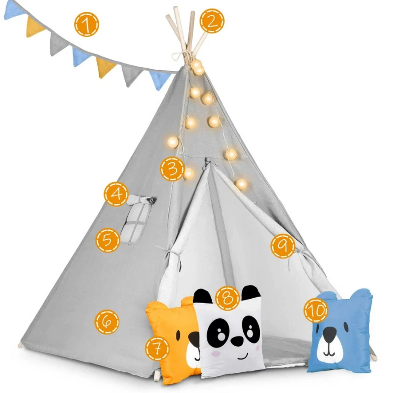 Палатка за игра Nukido, Сиво с възглавници животни