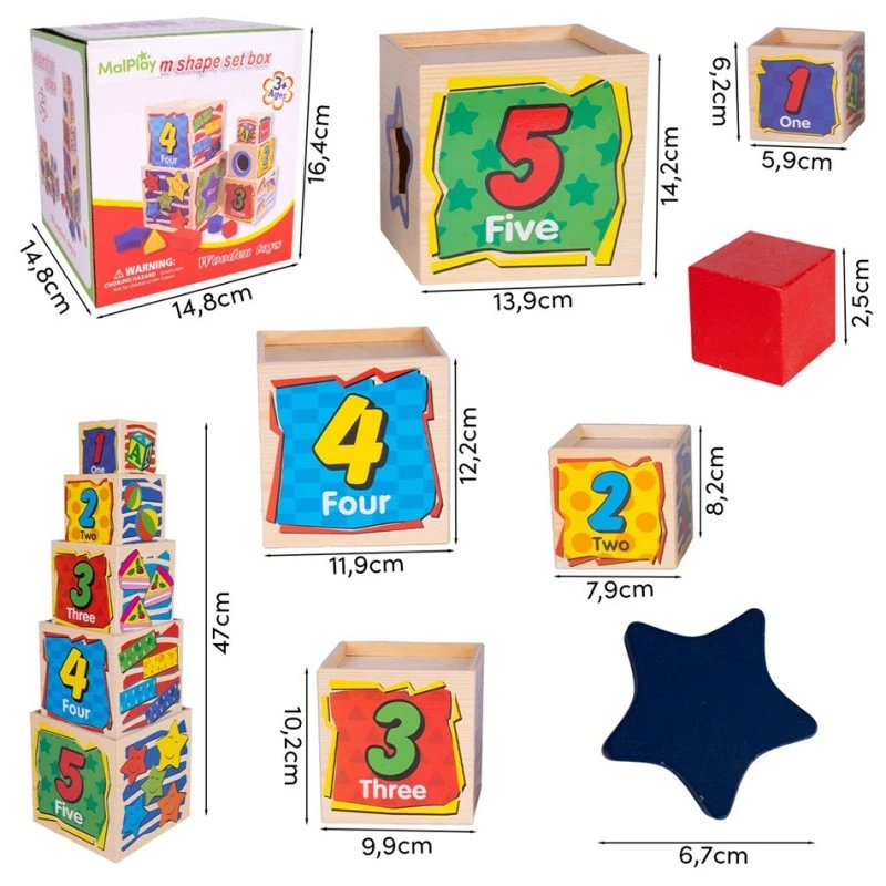 Монтесори дървена кула с форми MalPlay