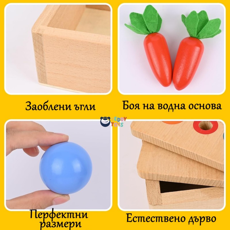 Монтесори игра - 4 в 1 с моркови и топчета, MalPlay