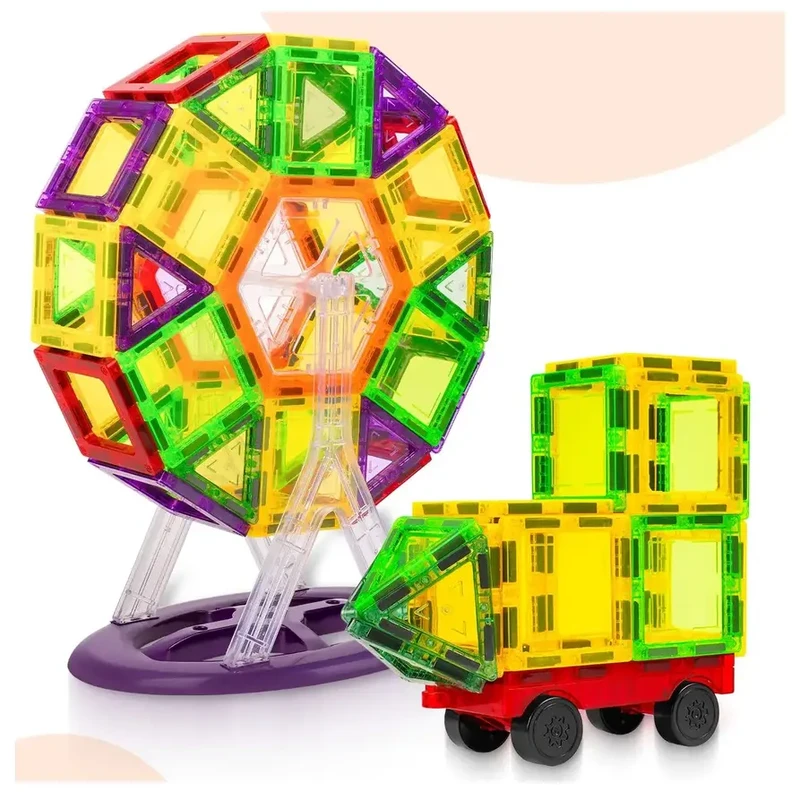 Детски образователен магнитен конструктор 3D Magnetic Shapes – 106 части (с виенско колело и замък), MalPlay