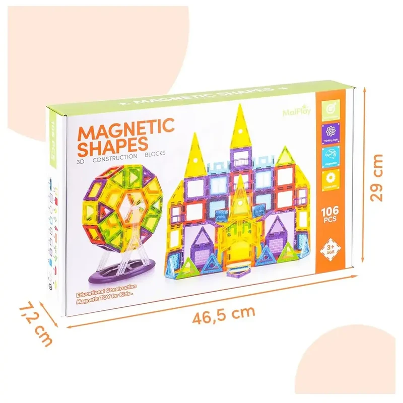 Детски образователен магнитен конструктор 3D Magnetic Shapes - 70 части, MalPlay