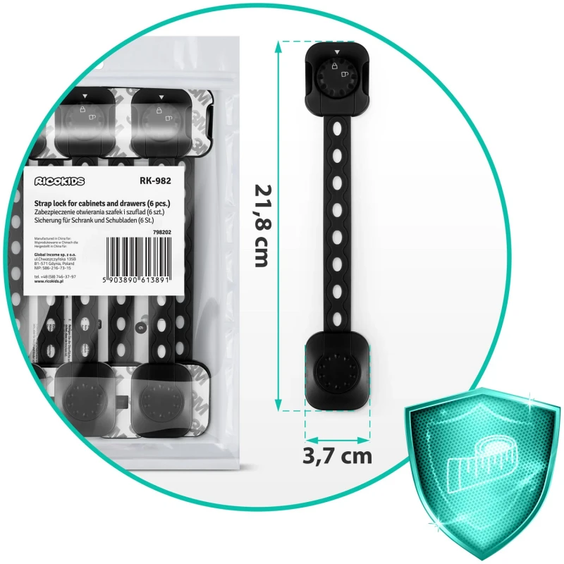 Комплект 6 броя предпазители за шкафове, 21.8 cm, Черен, Ricokids