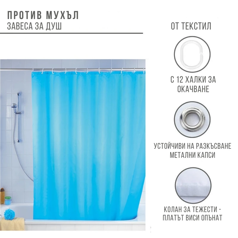 Завеса за баня Wenko 180х200 см, Антибактериална, Светлосиня