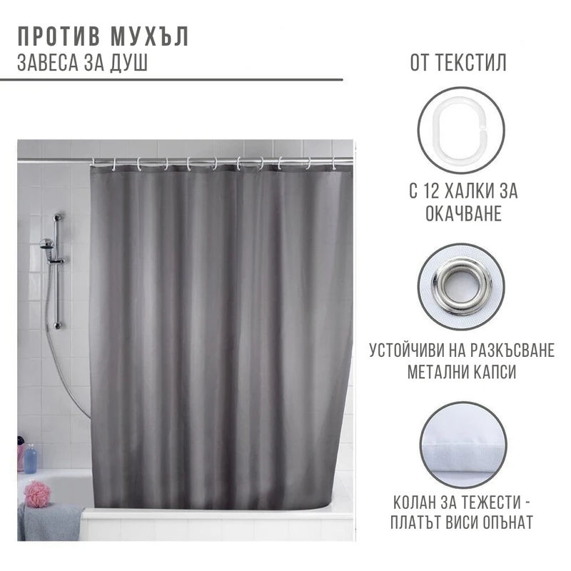 Завеса за баня Wenko 180х200 см, Антибактериална, Сива