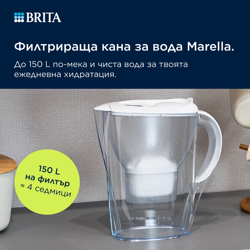 BRITA Филтрираща Кана за вода MAXTRA Marella (2.4L, бял), 1 филтър Pure Performance