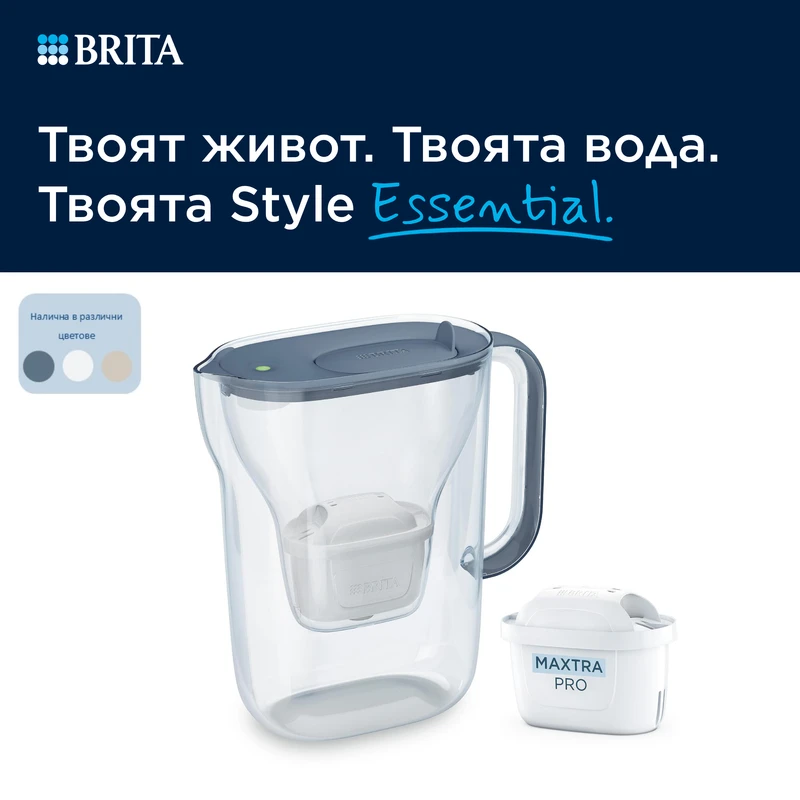 BRITA Филтрираща Кана MAXTRA Style Essential (2.4L, каменносин), 1 х филтър Pure Performance