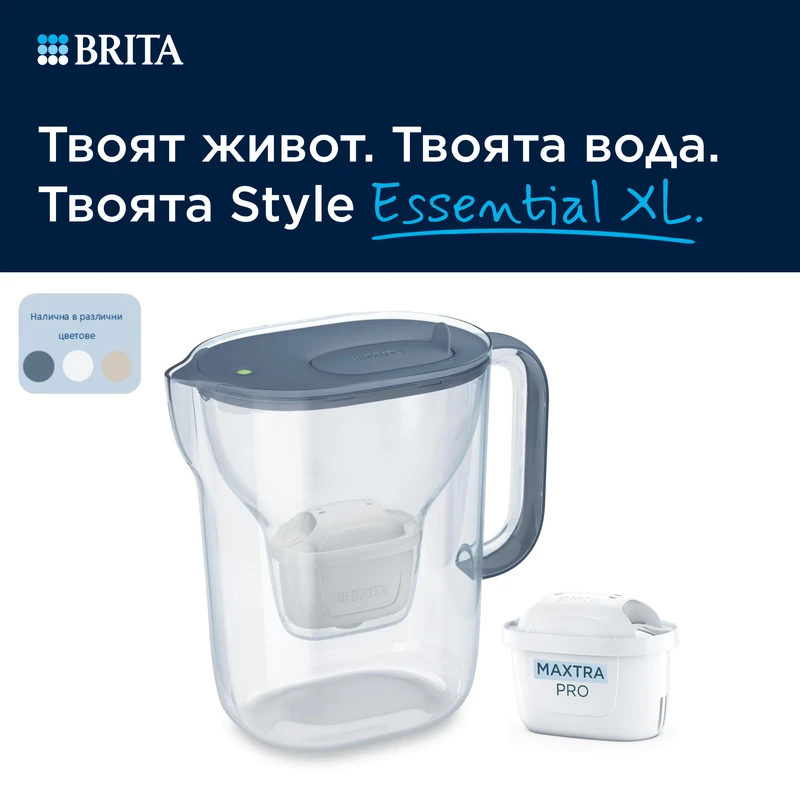 BRITA Филтрираща Кана MAXTRA Style Essential XL (3.6L, каменносин), 1 x филтър Pure Performance