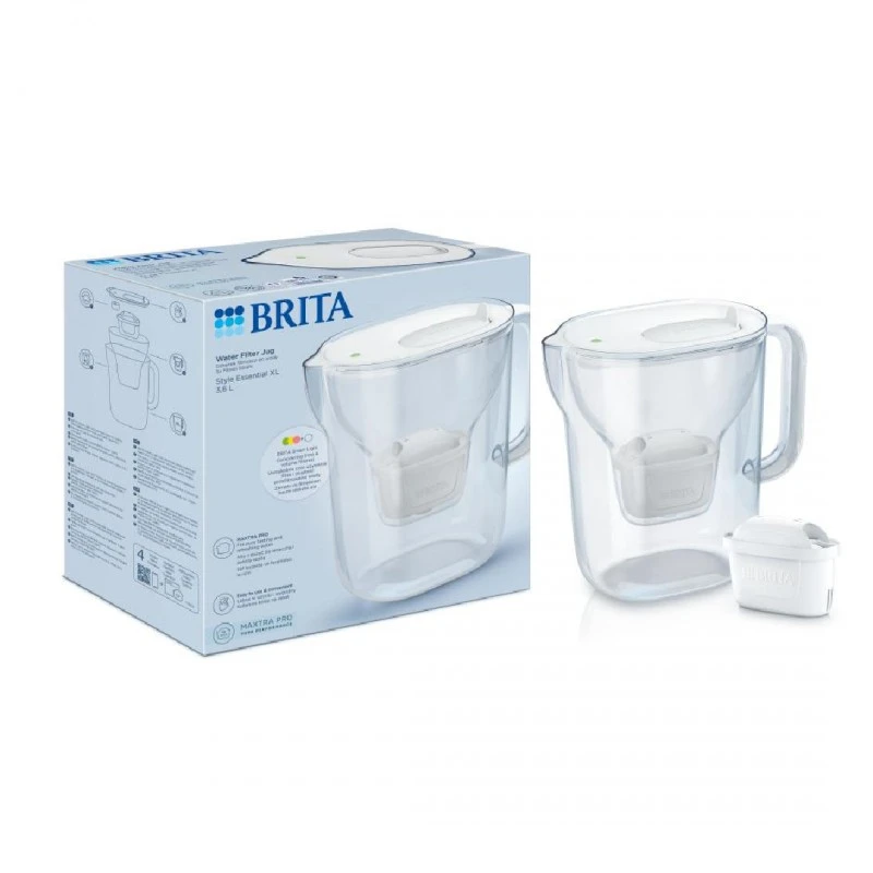 BRITA Style Essential XL LED 3.6 л Филтрираща кана за вода в бяло с филтър Макстра Про