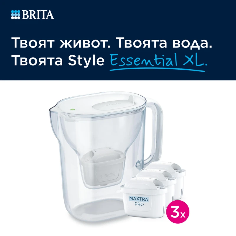 BRITA Филтрираща Кана MAXTRA Style Essential XL (3.6L, бял), 3 филтъра Pure Performance