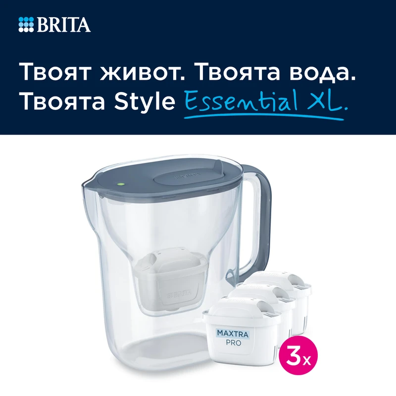 BRITA Филтрираща Кана MAXTRA Style Essential XL (3.6L, каменносин), 3 филтъра Pure Performance