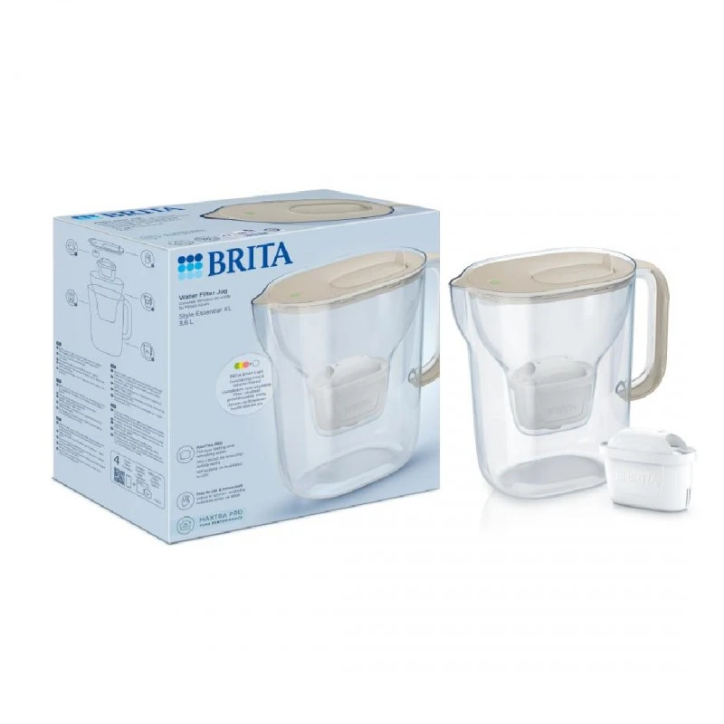 BRITA Style Essential XL LED 3.6 л Филтрираща кана за вода в пясъчно с филтър Макстра Про