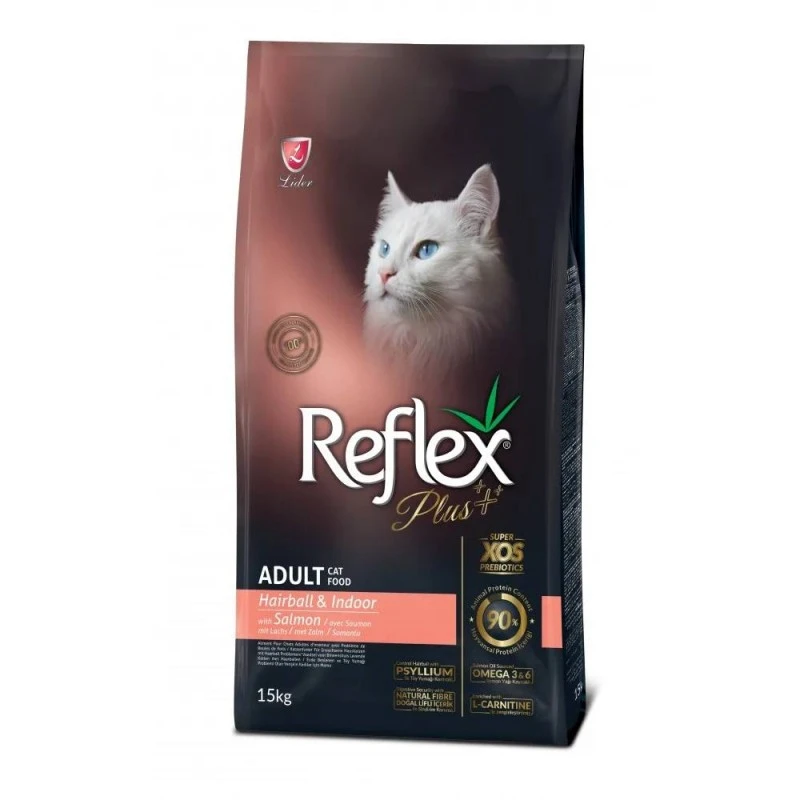 Reflex Plus Hairball & Indoor Adult Cat Food Salmon - Пълноценна храна за израснали дългокосмести котки със сьомга 15 кг