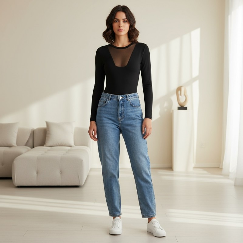 Evoni луксозно дамско боди с тюлен акцент M черно