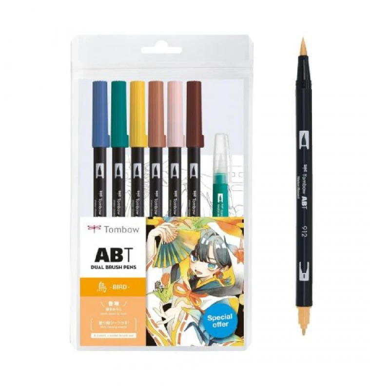 Комплект маркери TOMBOW ABT Dual Brush- MANGA Bird с четка + воден маркер четка и макет