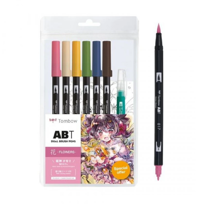 Комплект маркери TOMBOW ABT DualBrush-MANGA Flower с четка + воден маркер четка и макет