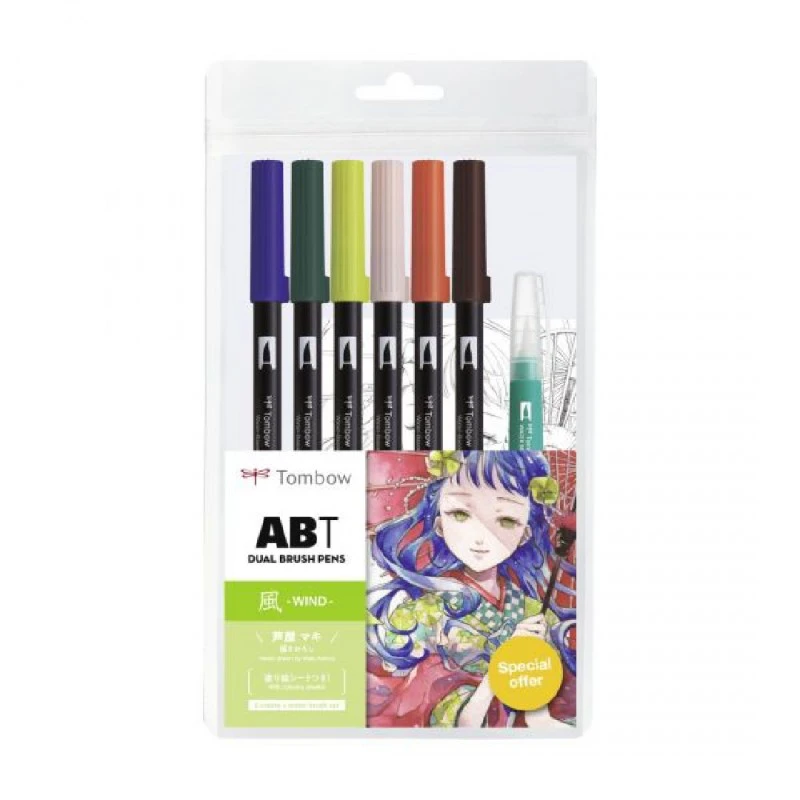 Комплект маркери TOMBOW ABT Dual Brush- MANGA Wind с четка + воден маркер четка и макет