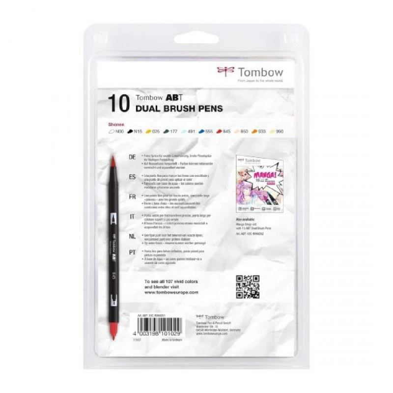 Комплект двувърхи маркери TOMBOW ABT MANGA SHONEN 10 бр, с четка 3.5 мм, връх 0.8 мм