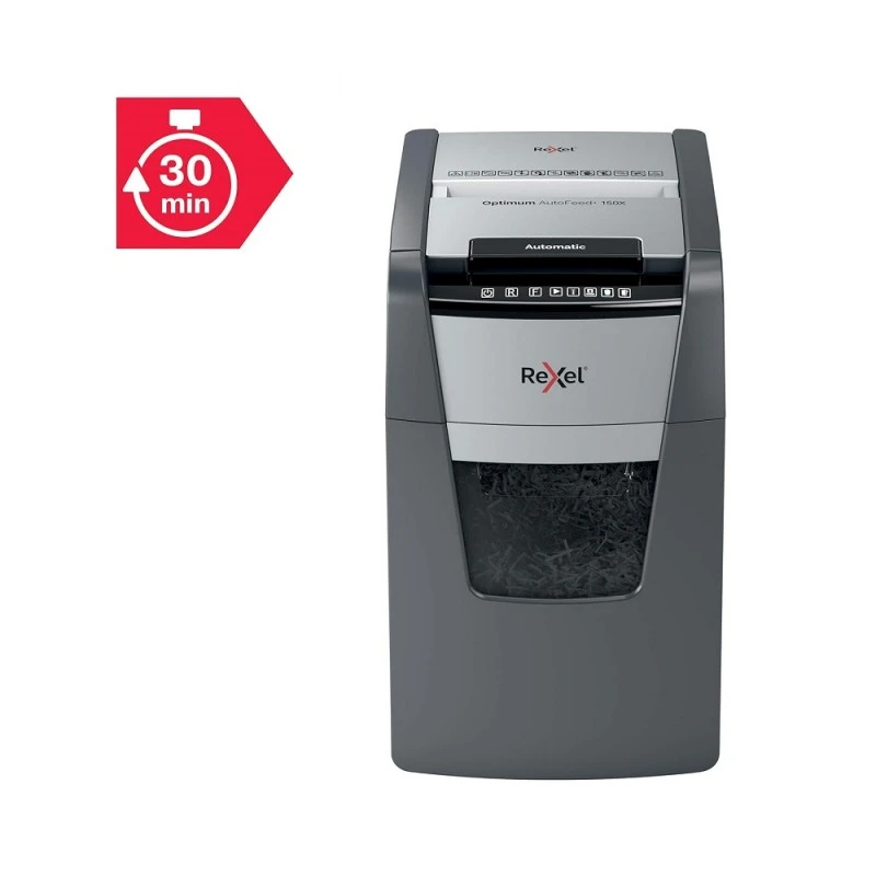 Унищожител на документи Rexel Optimum AutoFeed+ 150X (P-4), кош 44 л, Cross Cut, персонален