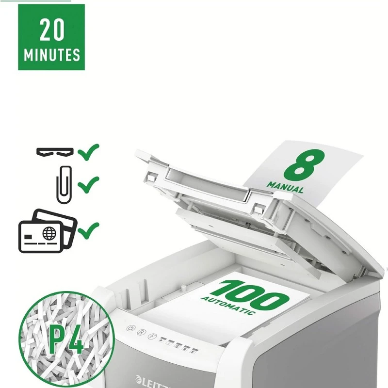 Унищожител на документи Leitz IQ Autofeed Office 100 P4(P-4), кош 34 л, Cross Cut, персонален