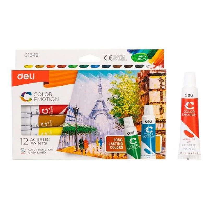 Акрилни бои Deli Acrylic EC12-12, на водна основа, 12 цвята х 12 мл в тубички