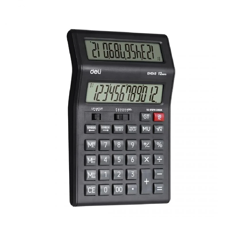 Калкулатор Deli с двоен дисплей EM049, настолен, 12 dgt, 202х135.5х28.5 мм, черен