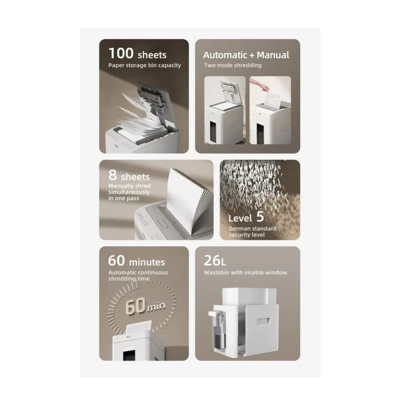 Шредер за хартия Deli ET081, (P-5), Cross Cut, 26 л