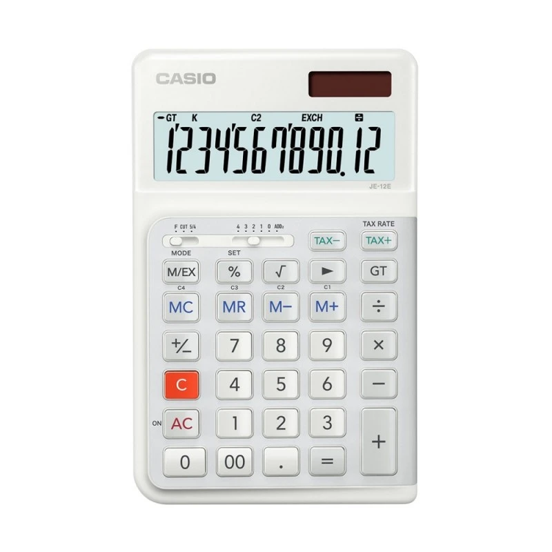 Калкулатор Casio JE-12 E, ергономичен настолен, 12 dgt, 177.5х111 х24 mm, перлено бял