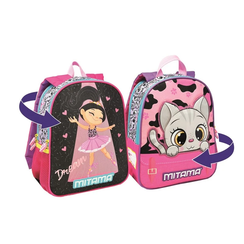 Раница за детска градина с две лица MITAMA Spinny Dancer Cat, за 1-3 г, за момиче