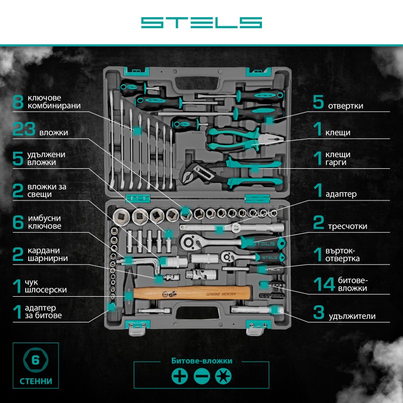 Комплект инструменти Stels,  76 части, CrV, 1/2", 1/4", пластмасов куфар