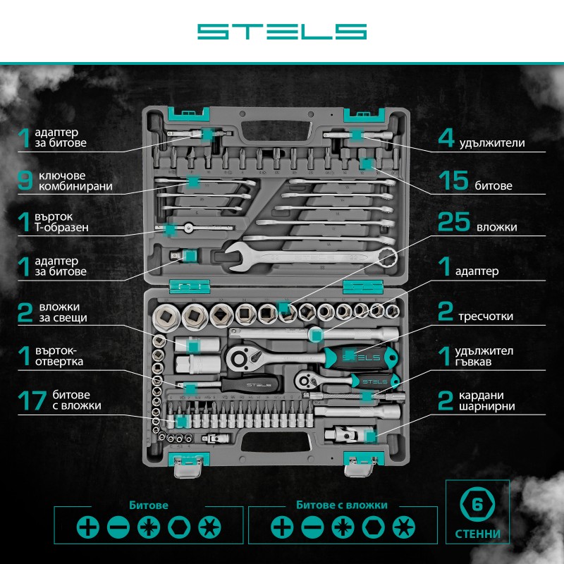 Комплект инструменти Stels,  82 части, CrV, 1/2", 1/4", пластмасов куфар