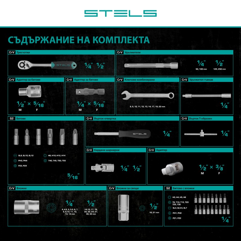 Комплект инструменти Stels,  82 части, CrV, 1/2", 1/4", пластмасов куфар