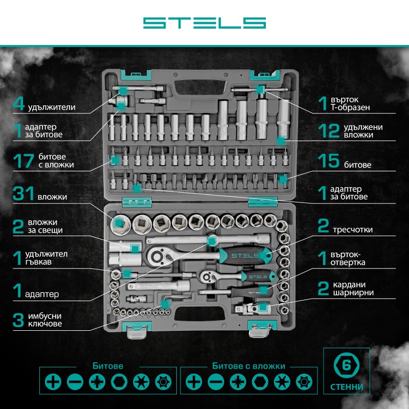 Комплект инструменти Stels,  94 части, CrV, 1/2", 1/4", пластмасов куфар