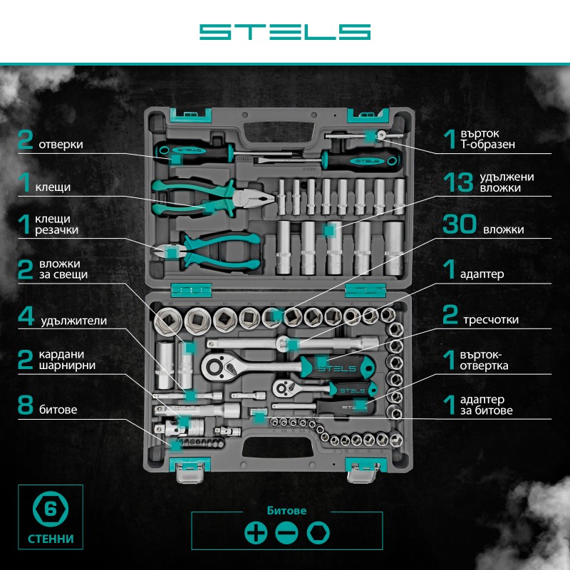 Комплект инструменти Stels,  69 части, CrV, 1/2", 1/4", пластмасов куфар