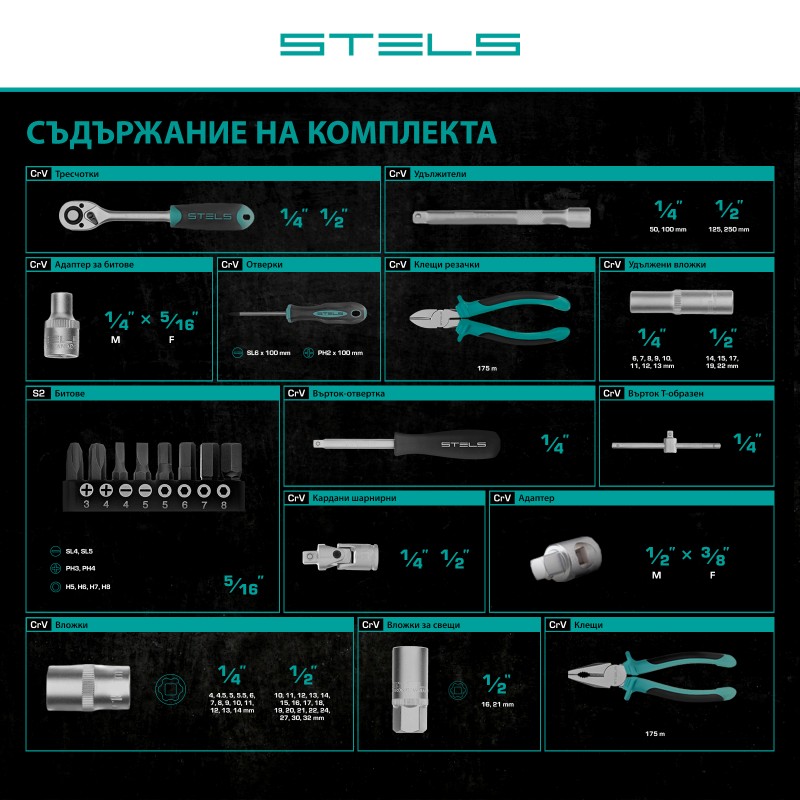 Комплект инструменти Stels,  69 части, CrV, 1/2", 1/4", пластмасов куфар