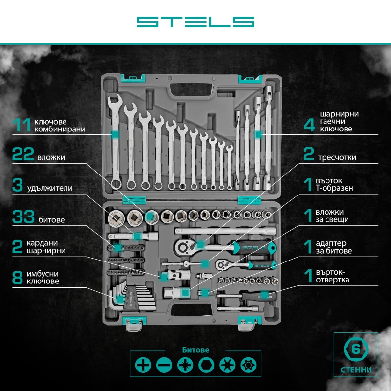 Комплект инструменти Stels,  88 части, CrV, 1/2", 1/4", пластмасов куфар