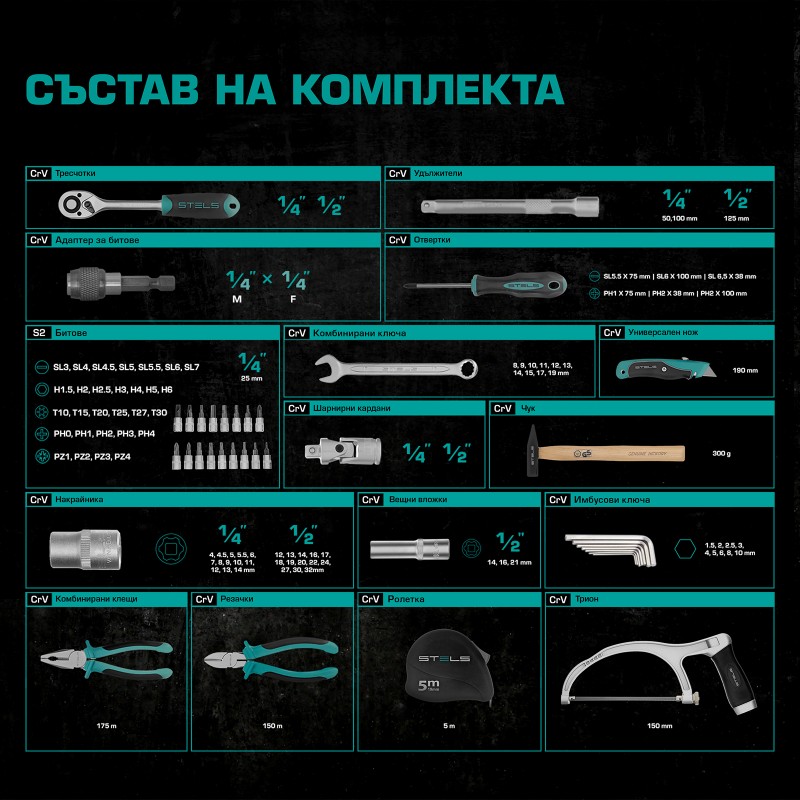 Комплект инструменти Stels,  98 части, CrV, 1/2", 1/4", пластмасов куфар