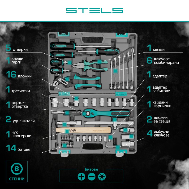 Комплект инструменти Stels,  58 части, CrV, 1/2", усилен куфар