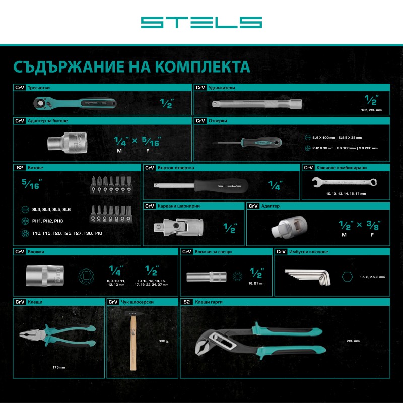 Комплект инструменти Stels,  58 части, CrV, 1/2", усилен куфар