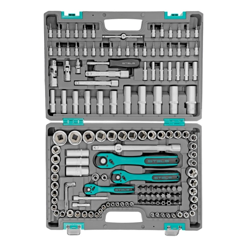 Комплект инструменти Stels,  151 части, Cr-V, стомана S2, 1/4", 3/8", 1/2", усилен куфар