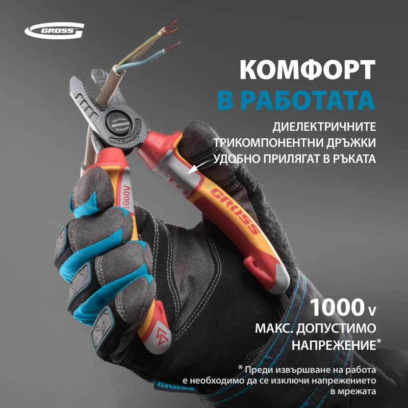 Клещи Gross, за рязане на кабел, 160 мм, изолирани до 1000 V, трикомпонентна дръжка