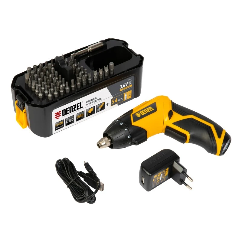 Отвертка Denzel, акумулаторна, CSL-3,6-01, Li-Ion, 3,6 V, 1,3 Ah, с аксесоари