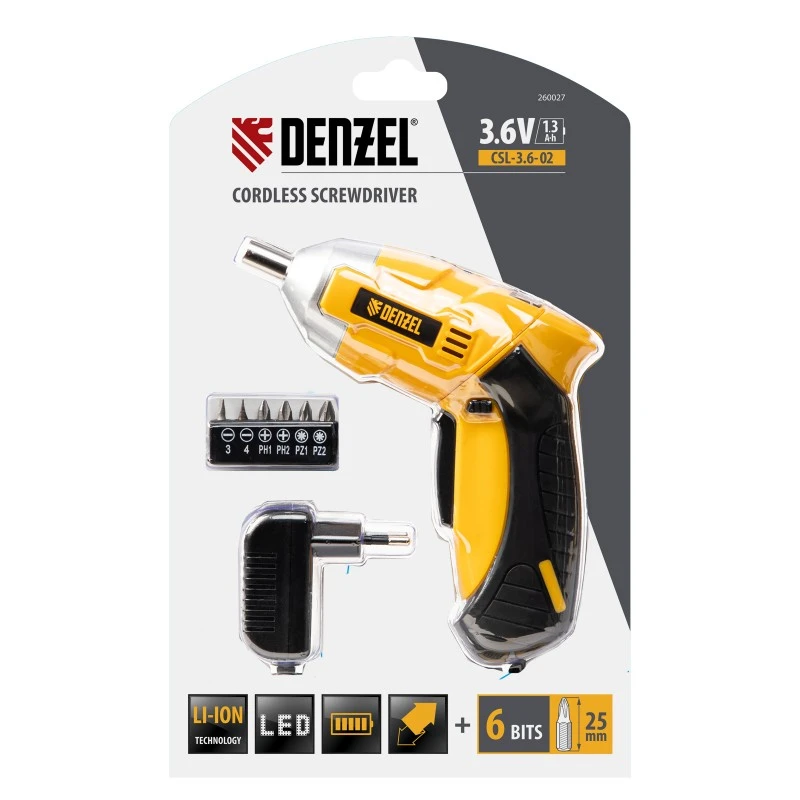 Отвертка Denzel, акумулаторна CSL-3,6-02, Li-Ion, 3,6 V, 1,3 Ah, в блистер