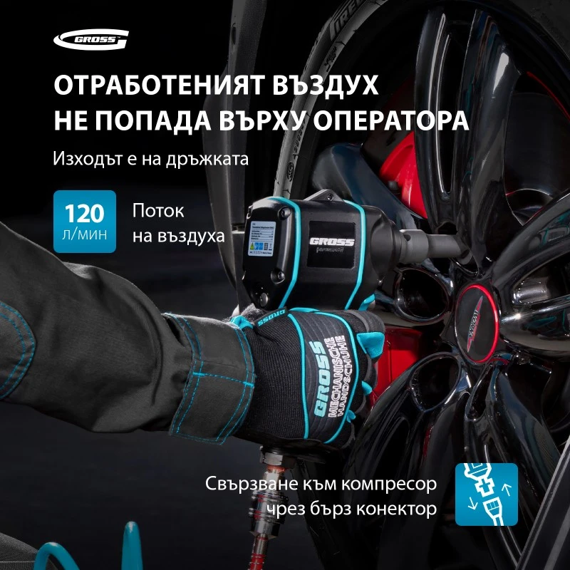Гайковерт Gross, пневматичен, ударен, G985, 1/2",Twin Hammer, 610 Nm, 9000 об/мин,  композитен корпус