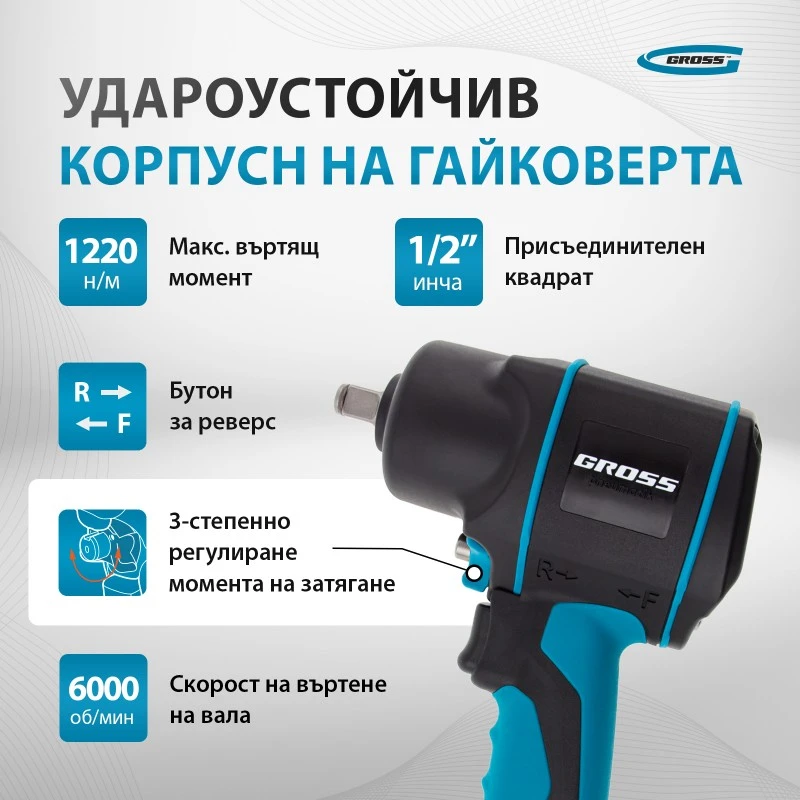 Гайковерт Gross, пневматичен, ударен, G1285, 1/2",Twin Hammer, 1220Nm, 6500 об/мин, композитен корпу