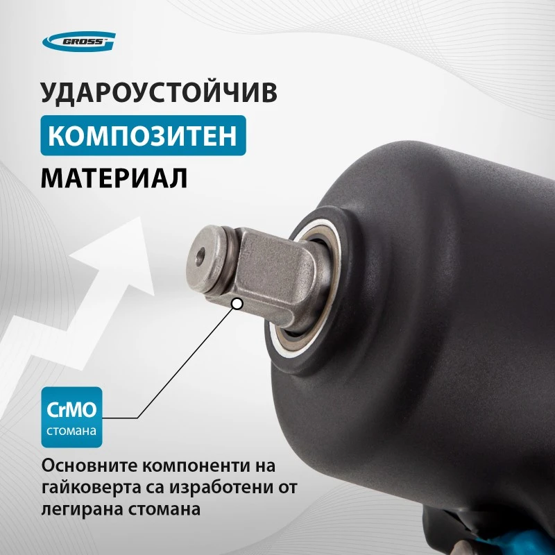 Гайковерт Gross, пневматичен, ударен, G1285, 1/2",Twin Hammer, 1220Nm, 6500 об/мин, композитен корпу