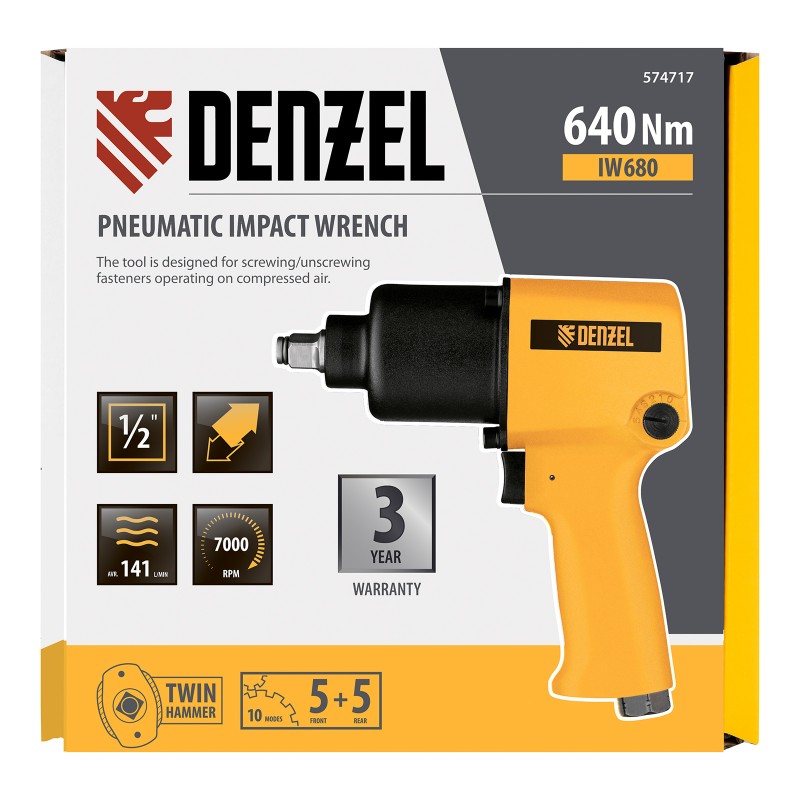 Гайковерт Denzel, ударен, пневматичен, IW680, 1/2", 7000 об/мин, 680 Нм