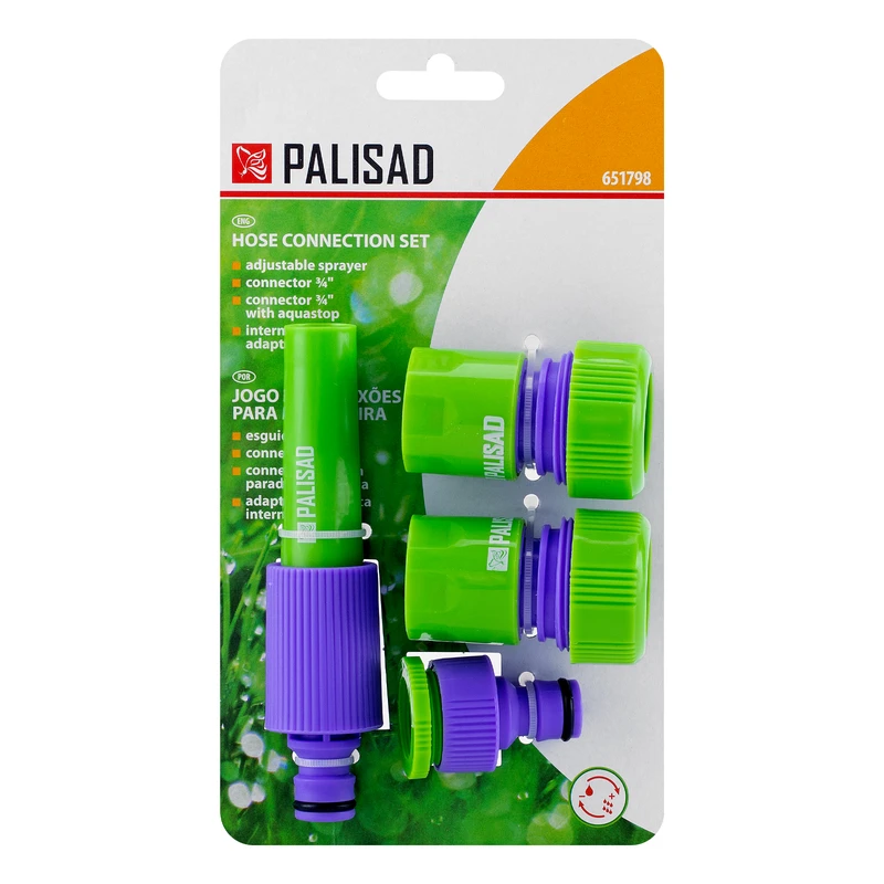 Комплект за свързване на маркуч Palisad, 3/4", струйник, 3 адаптера, PVC