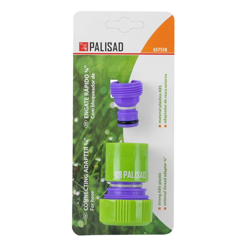 Съединител за маркуч Palisad, 3/4", аквастоп и адаптер с външна резба 3/4", пластмасови